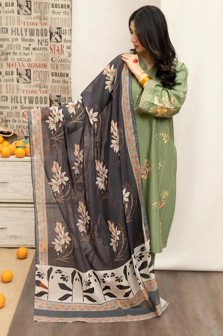TSL W057-Embroidered 3pc Marina Dress With Printed Shawl.