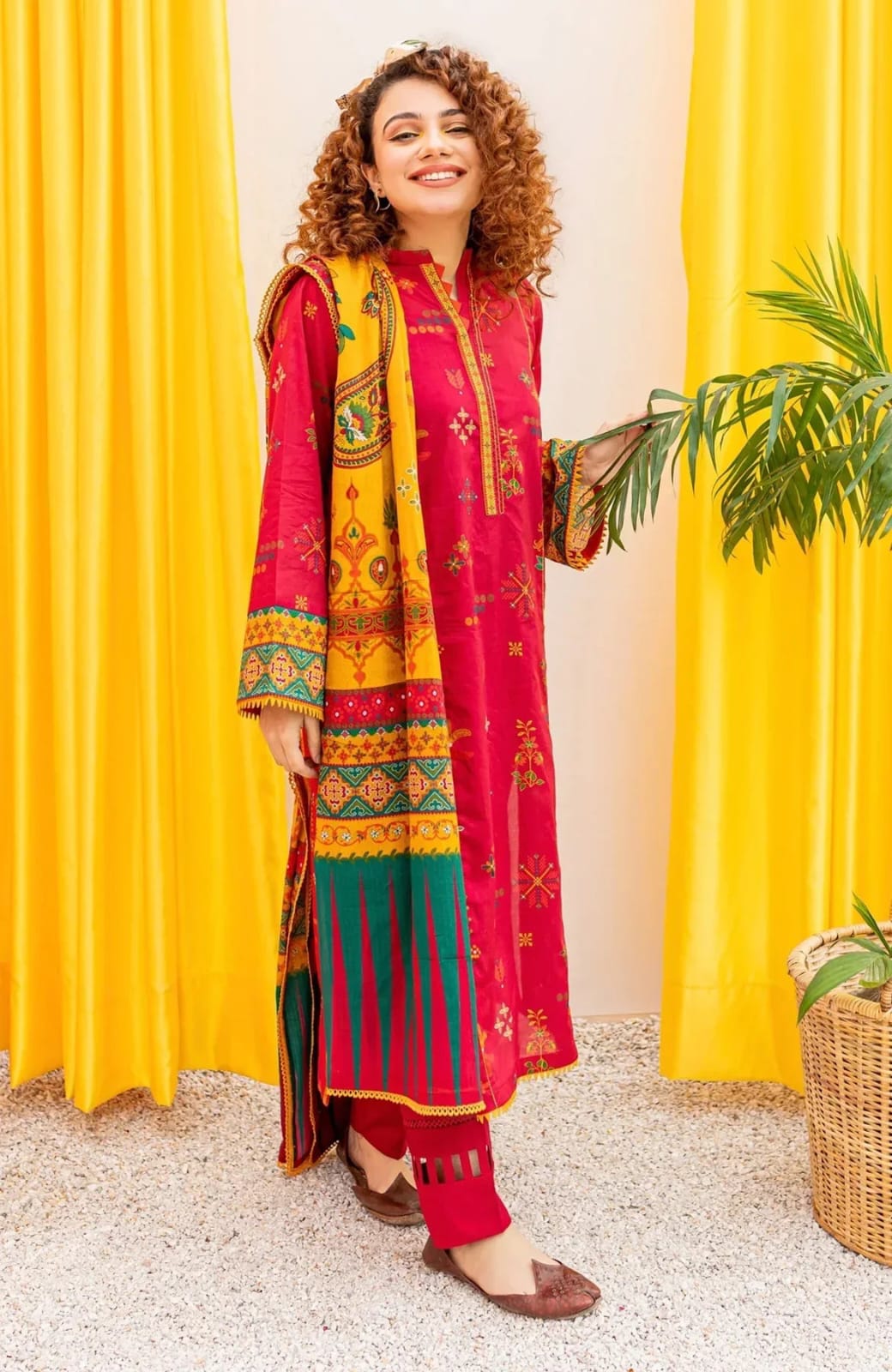 TSL W857-Embroidered 3pc Marina Dress With Printed Shawl.