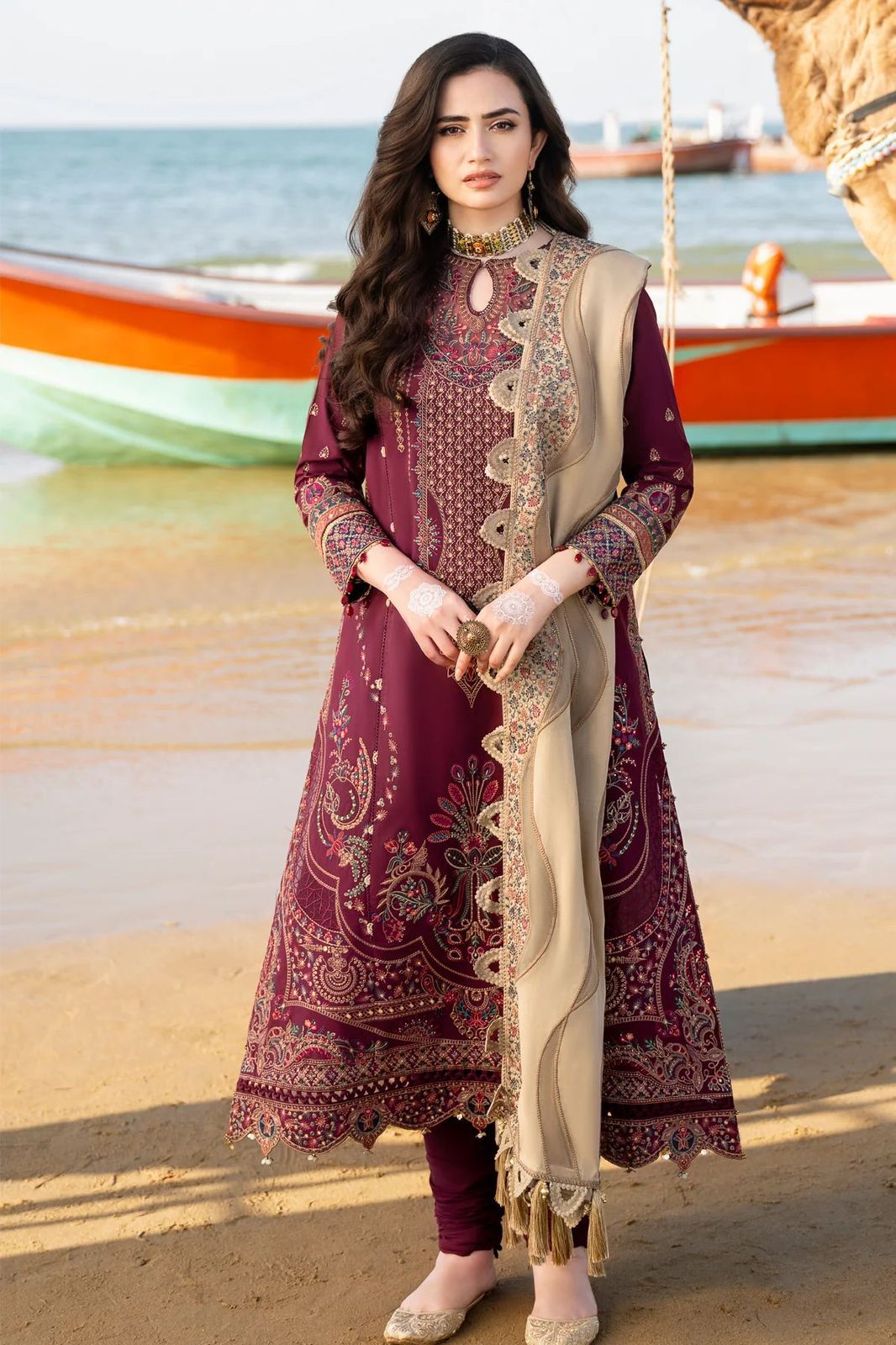 TSL W759-Embroidered 3pc Marina Dress With Printed Shawl.