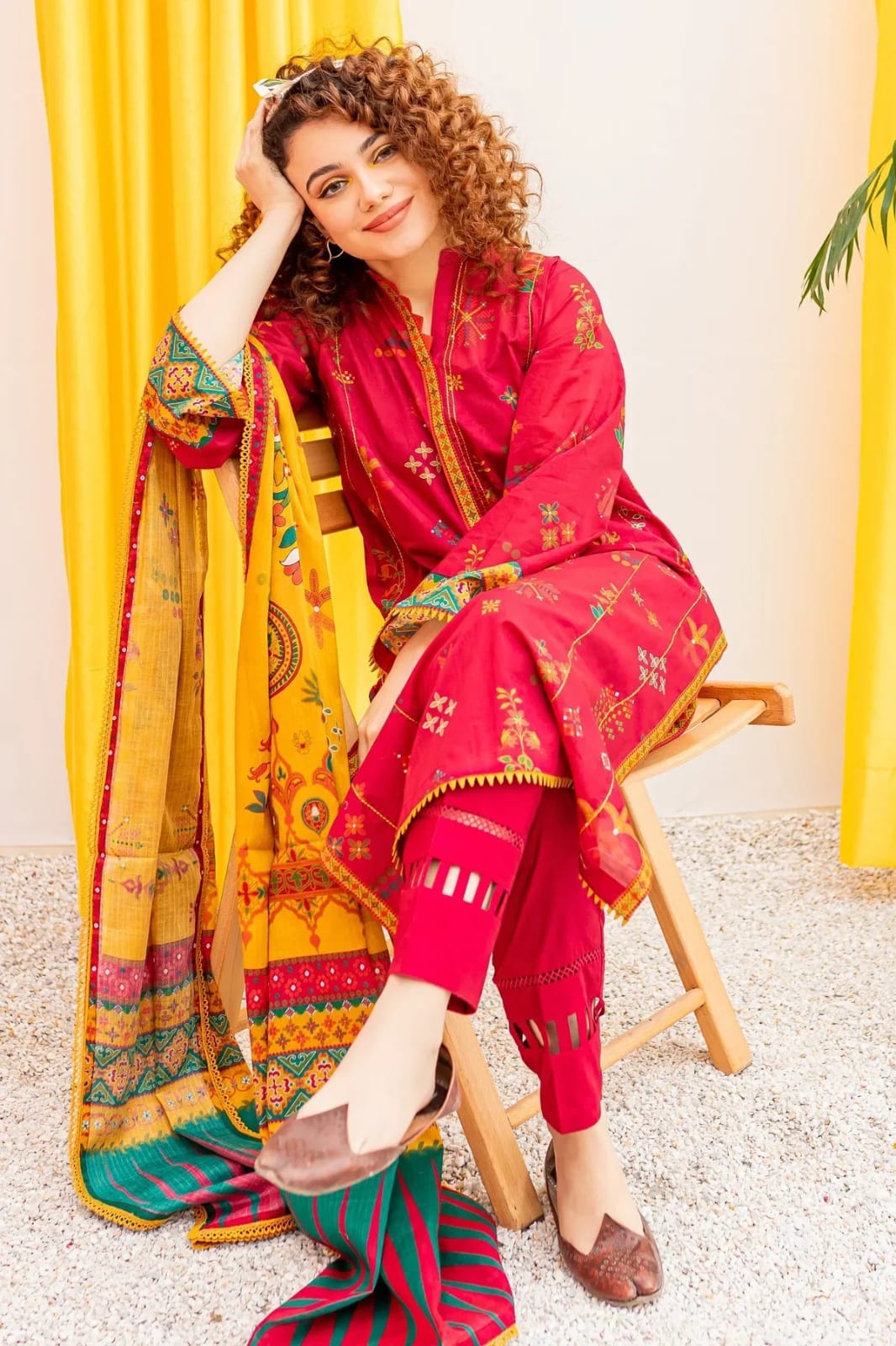 TSL W857-Embroidered 3pc Marina Dress With Printed Shawl.